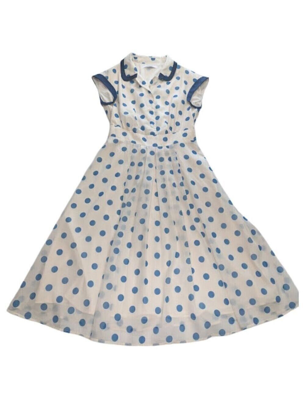 Rockabilly Wiwalorna Blue Polka Dot Fit & Flare Midi Dress Retro   * SZ L